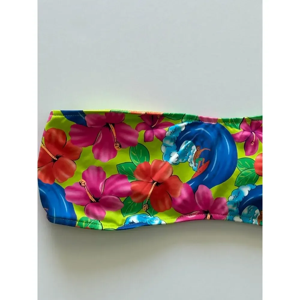 Frankies Bikinis Jean Floral Bandeau Bikini Top - Neon Surfer - L - NWT